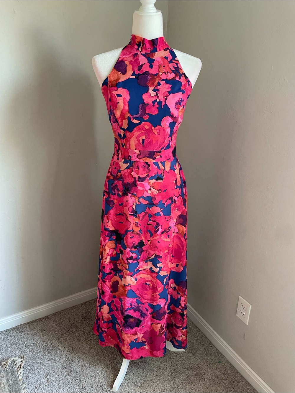 Tahari Fuchsia and Blue Floral Halter Maxi A-Line Dress